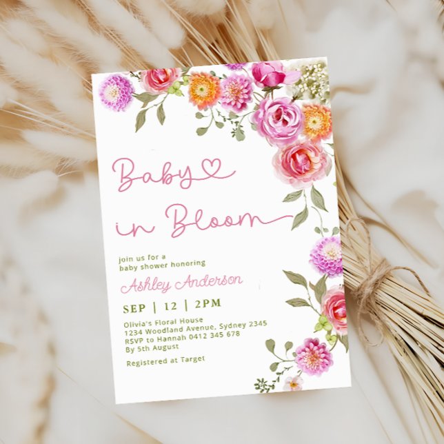 Invitación Bebé Chica rosa en un Baby Shower elegante en flor (Subido por el creador)