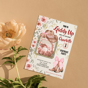 Invitación Bebé Chica Rosa Vaquera Floral Primera foto de cum