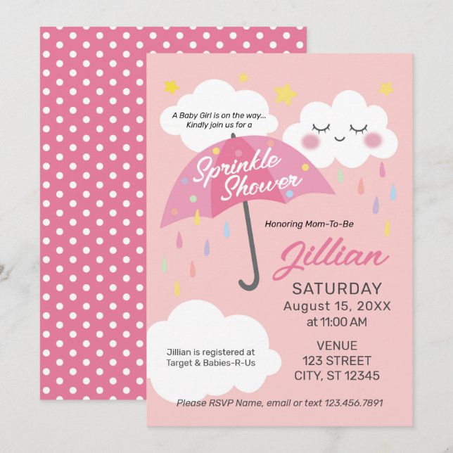 Invitación Bebé Chica Sprinkle Shower (Anverso / Reverso)