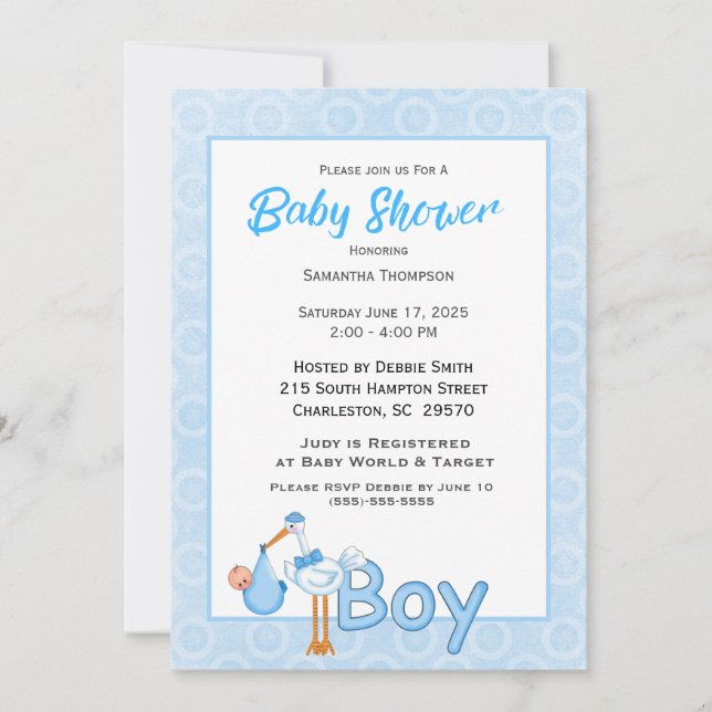 Invitación Bebé chico Stork Shower (Anverso)