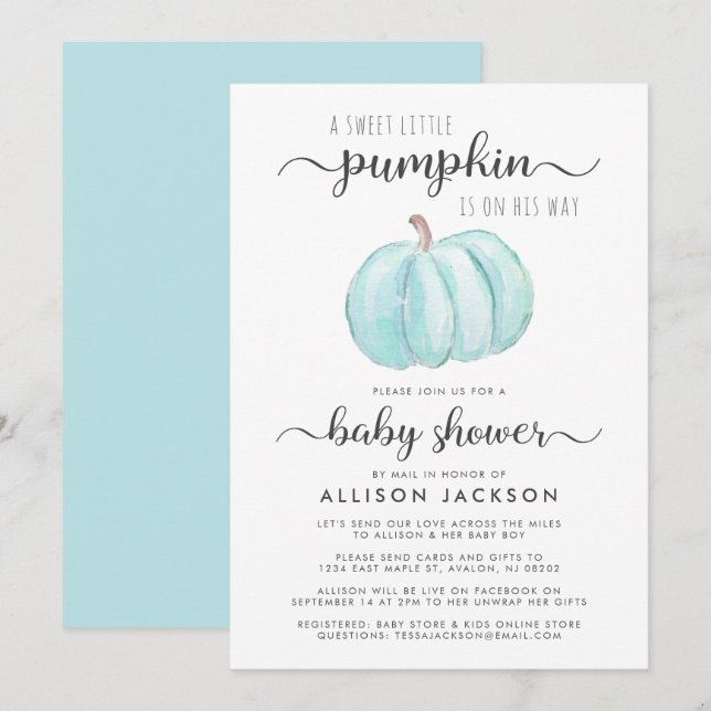 Invitación Bebé Chorre Por Correo Calabaza Azul (Anverso / Reverso)
