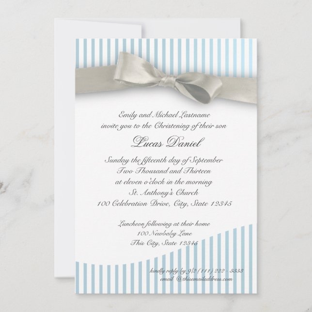 Invitación Bebé Christening Pinstripe con Bow (Anverso)