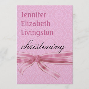 Invitación Bebé Christening Purple Pink Damask Metálico