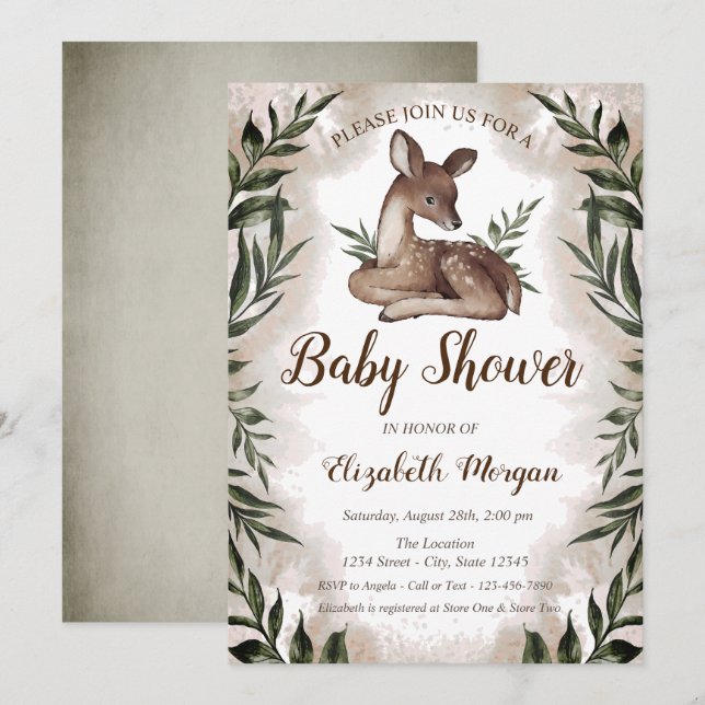 Invitación Bebé Ciervo Deja el Bosque Baby Shower (Anverso / Reverso)
