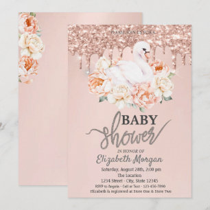 Invitación Bebé cisne acuarela con gotas de brillo dorado ros