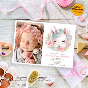 Invitación Bebé con acuarela floral, unicornio, bautismo de f