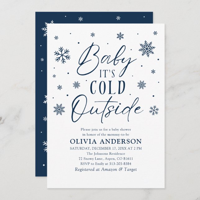 Invitación Bebé con copos de nieve azul hace frío fuera de Ba (Anverso / Reverso)