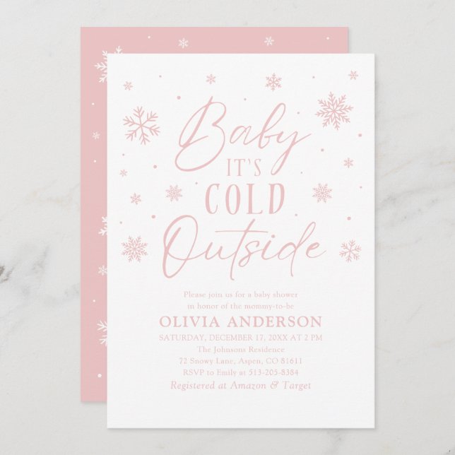 Invitación Bebé con copos de nieve rosa hace frío fuera de Ba (Anverso / Reverso)