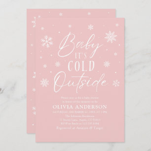 Invitación Bebé con copos de nieve rosa hace frío fuera de Ba