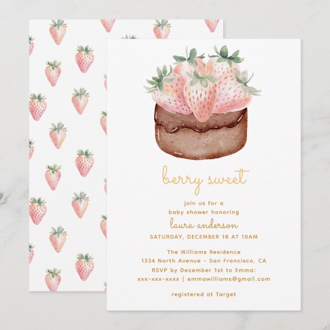 Invitación Bebé con Cupcake de Fresa Dulce como una Baya en l (Anverso / Reverso)
