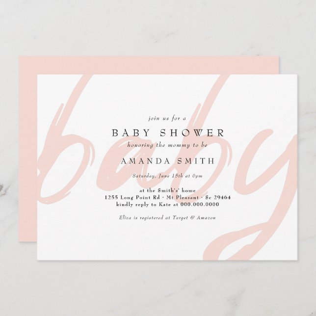 Invitación Bebé con ducha pastel rosa minimal moderna (Anverso / Reverso)