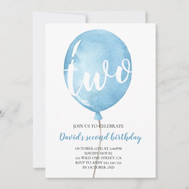 Invitación Bebé con globo azul Segundo cumpleaños (Anverso)