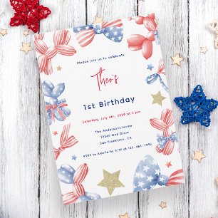 Invitación Bebé con globo lindo Primer cumpleaños 4 de julio 