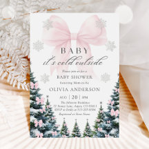 Bebé con lazo rosa, afuera hace frío, baby shower