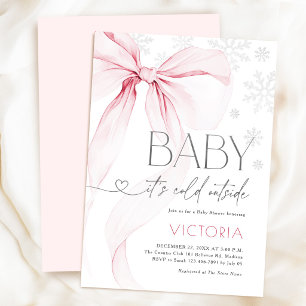 Invitación Bebé con lazo rosa, está frío afuera, baby shower