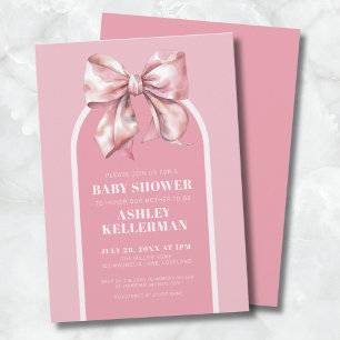 Invitación Bebé con Lindo Lazo Rosa en la Fiesta Prenatal
