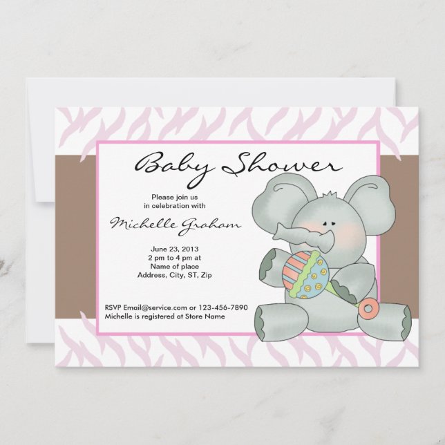 Invitación Bebé con rayas rosadas de cebra con ducha elefante (Anverso)