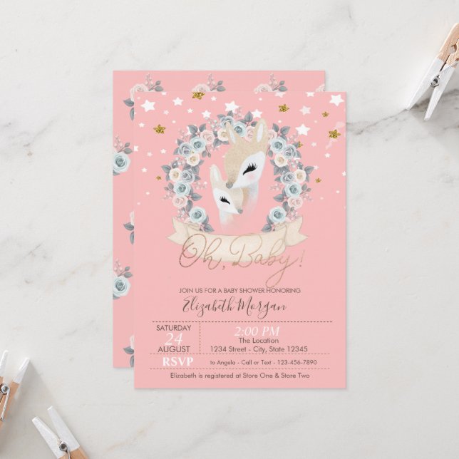 Invitación Bebé con renos flores Baby Shower (Anverso/Reverso In Situ)