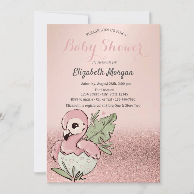Invitación Bebé Cumpleaños Flamenco Rosa Dorado Brillante (Anverso)