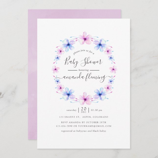 Invitación Bebé Cumpleaños Floral Rosa y Azul Pastel (Anverso / Reverso)