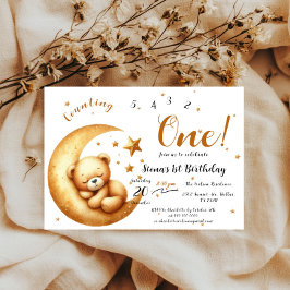 Invitación Bebé Cute Dormido En La Luna Primer Cumpleaños