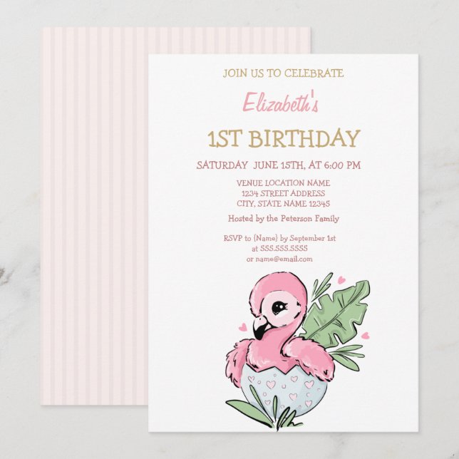Invitación Bebé Cute Flamingo Rayado Cumpleaños (Anverso / Reverso)