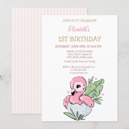 Invitación Bebé Cute Flamingo Rayado Cumpleaños