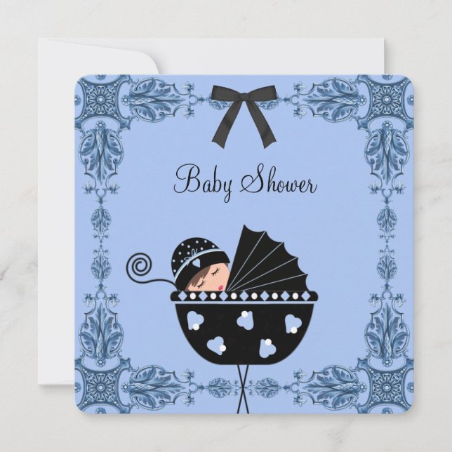 Invitación Bebé Damask Black Blue Shower (Anverso)