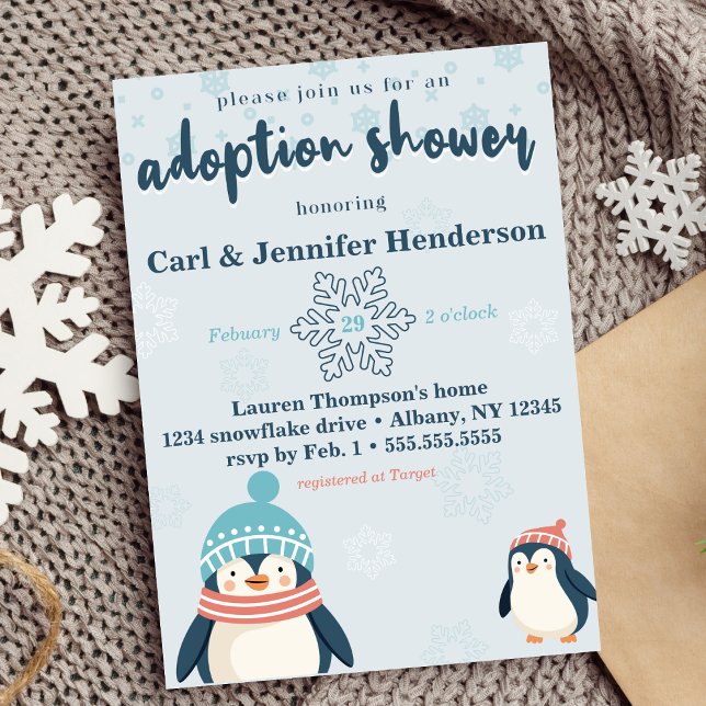 Invitación Bebé de adopción de pingüino con nieve y ducha inf (adoption baby / child shower cute snowy penguins snowflake winter shower for adoptive families )
