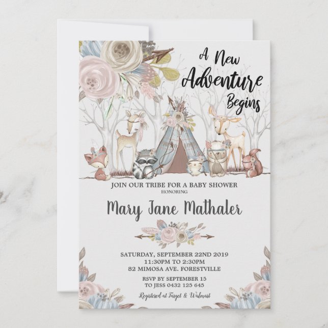 Invitación Bebé de animales de bosque tribal de Baby Shower (Anverso)