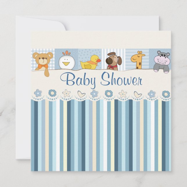 Invitación Bebé de animales y Stripes Azul Baby Shower (Anverso)