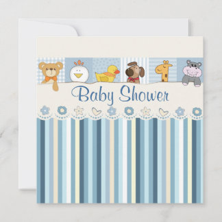Invitación Bebé de animales y Stripes Azul Baby Shower