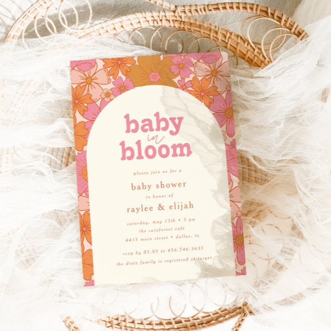 Invitación Bebé de arco floral retro Groovy en floración | (Subido por el creador)