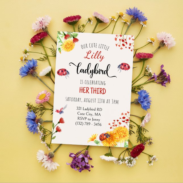 Invitación Bebé de ave Ladybird Chica Cute Primavera Cumpleañ (Subido por el creador)