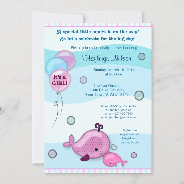 Invitación Bebé de ballena pequeña y mami besan rosa Baby Sho (Anverso)