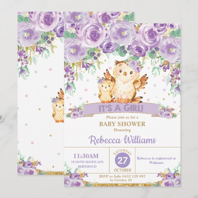 Invitación Bebé de Bebé de Lechuza Floral Cute Purple (Anverso / Reverso)