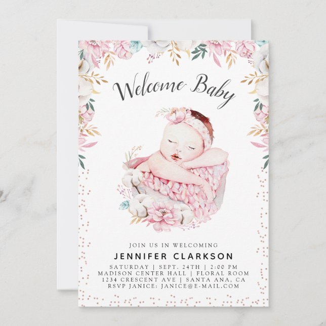 Invitación Bebé de bienvenida floral recién nacido (Anverso)