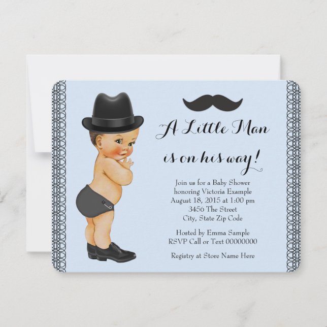 Invitación Bebé de Bigote Azul y Hombrecito Fiesta de Bebé (Anverso)