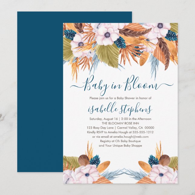 Invitación Bebé de boho azul en el floreciente Baby Shower de (Anverso / Reverso)
