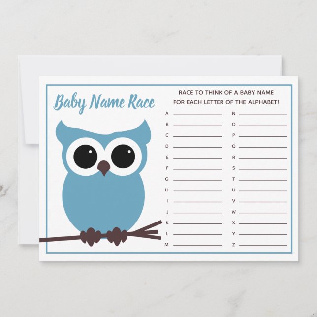 Invitación Bebé de búho azul nombre Race juego de Baby Shower (Anverso)