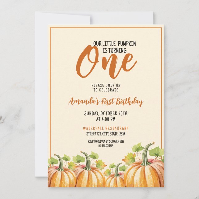 Invitación Bebé de calabaza Cuta Primer Cumpleaños (Anverso)