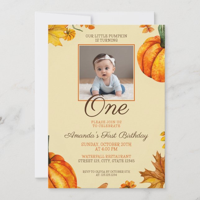 Invitación Bebé de calabaza fotográfica lindo Primer cumpleañ (Anverso)