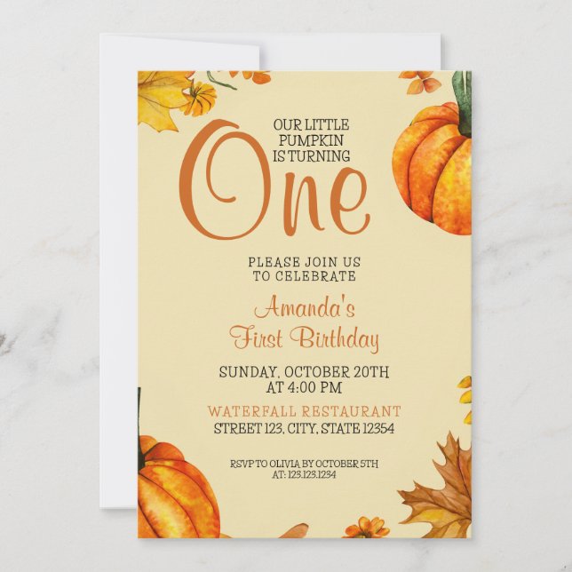 Invitación Bebé de calabaza otoñal Primer cumpleaños (Anverso)