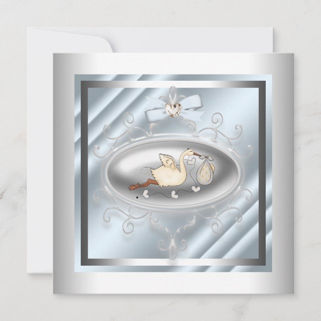 Invitación Bebé de cigüeña azul de plata (Anverso)