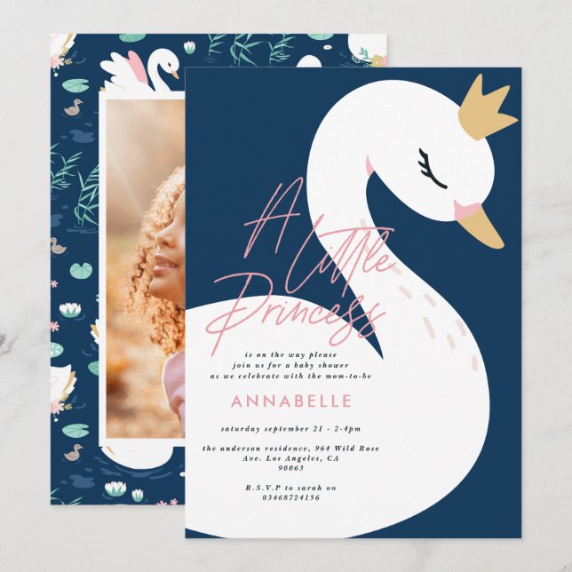 Invitación Bebé de cisne ducha giratoria azul marino lindo el (Anverso / Reverso)