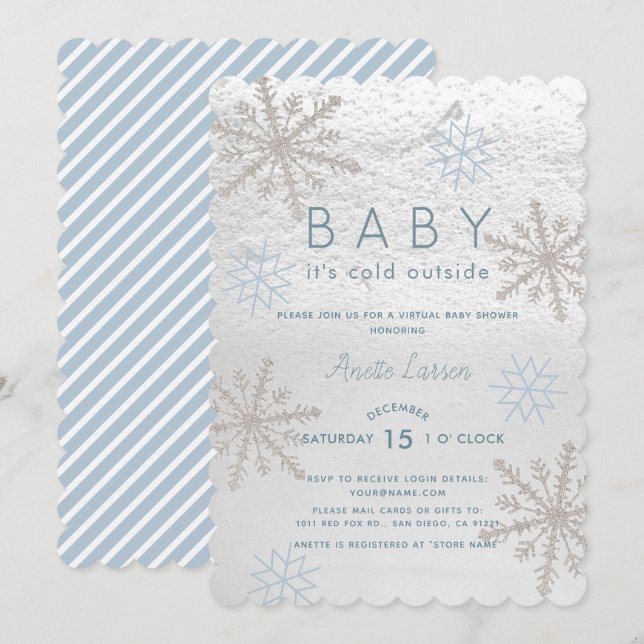 Invitación Bebé de copo de nieve azul en el Baby Shower virtu (Anverso / Reverso)