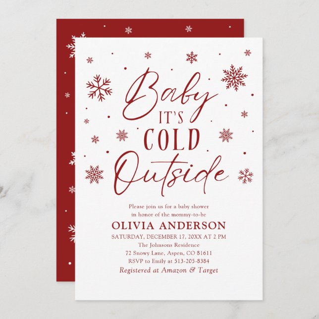 Invitación Bebé de copos de nieve rojos hace frío fuera de Ba (Anverso / Reverso)