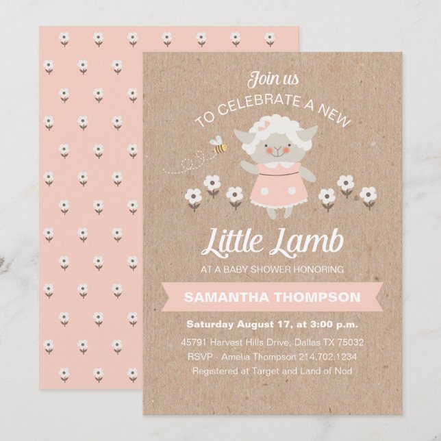 Invitación Bebé de cordero rosa lindo (Anverso / Reverso)