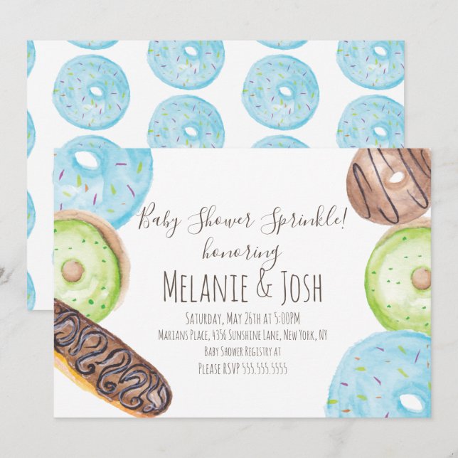 Invitación Bebé de ducha de donut de acuarela Sprinkle Dulce (Anverso / Reverso)
