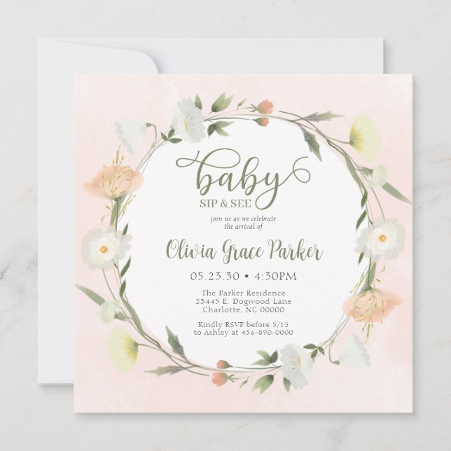 Invitación Bebé De Flor Silvestre Sip Y See (Anverso)